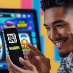 Smartphone scan QRIS dengan latar mesin slot berputar