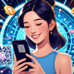Smartphone scan QRIS dan mesin slot memberi bonus free spin